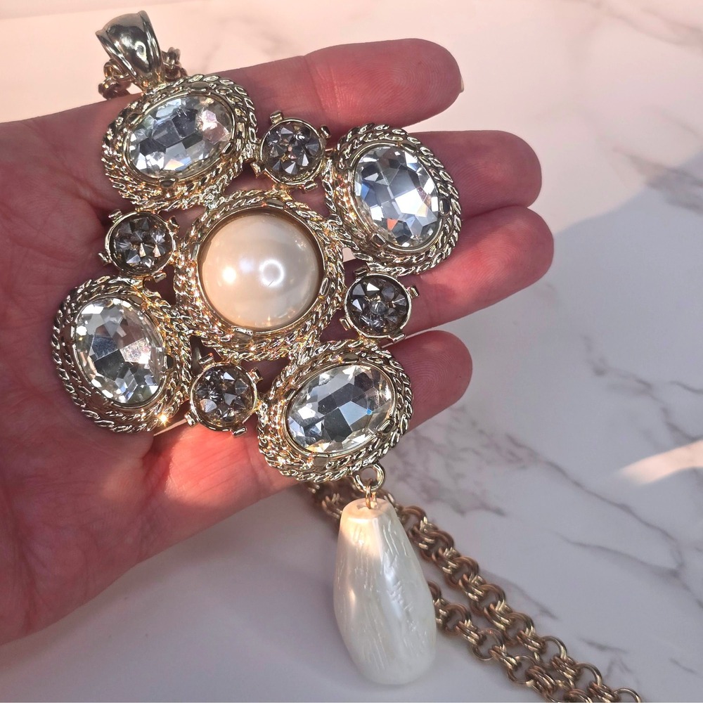 Chicos Large Cross Crystal Faux Pearl Pendant Gold Tone Statement Necklace Boho